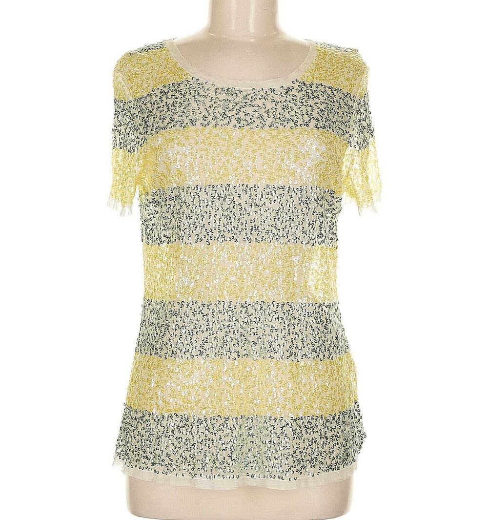 NWT DKNY Sequins & Rhinestones Embellished Top Yellow Striped Sheer Stretch Sz M